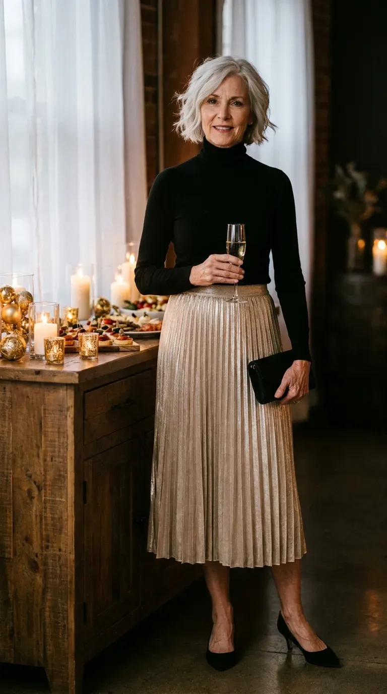 Woman in a black turtleneck and champagne pleated midi skirt at a candlelit holiday party