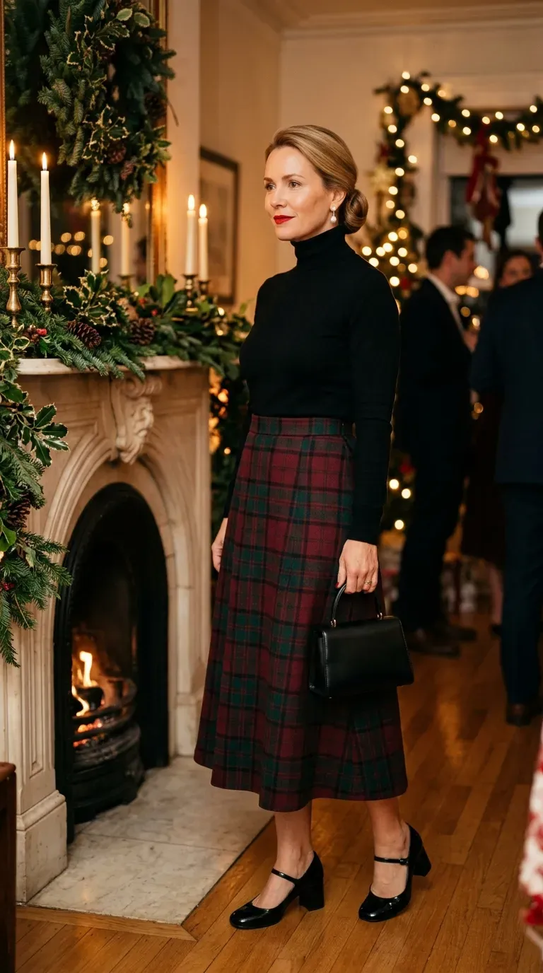 Woman over 40 in black turtleneck and tartan midi skirt at a festive indoor Christmas event