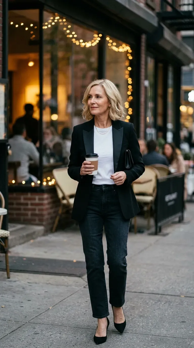 Blonde woman in a black tuxedo blazer, white tee and jeans outside a holiday party
