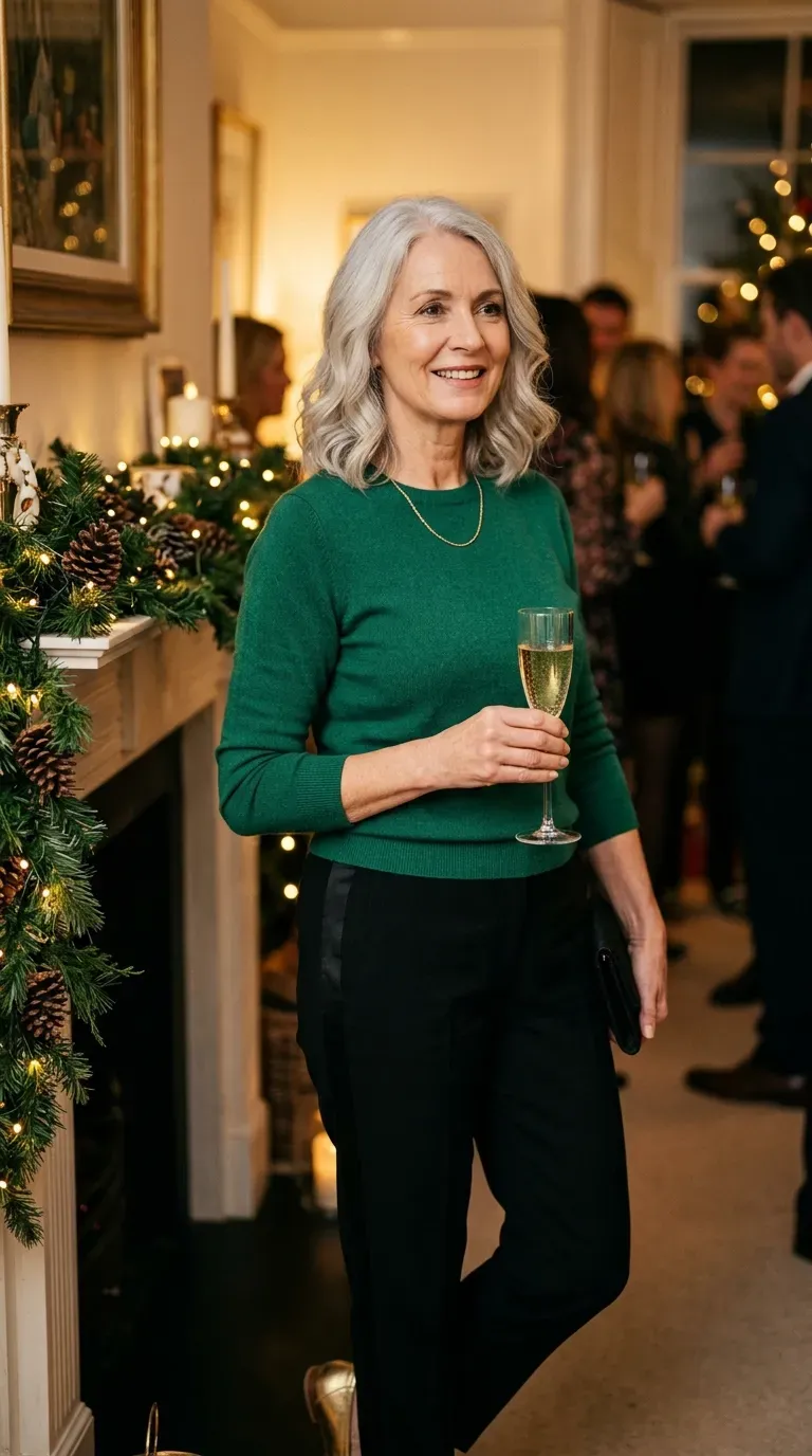 Woman over 50 in black tuxedo-stripe trousers, emerald knit and gold loafers at a party