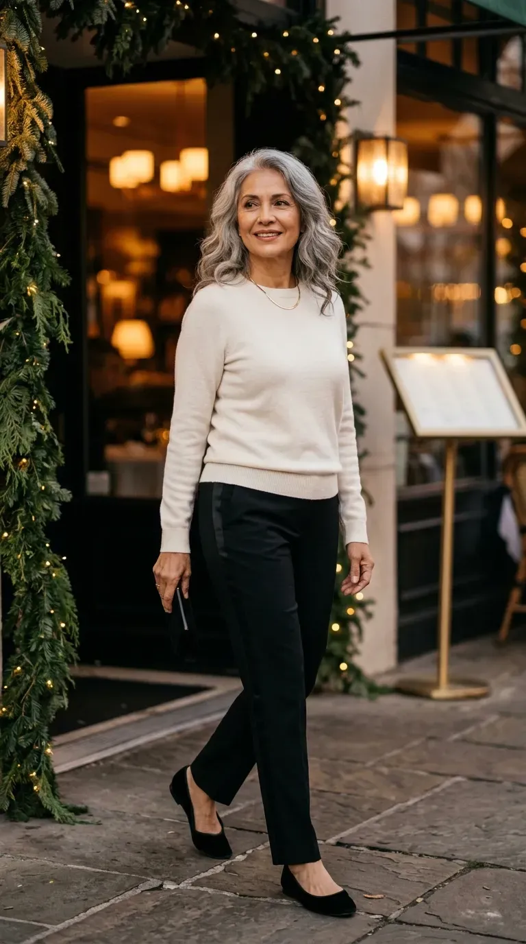 Woman over 50 in black tuxedo-stripe trousers, ivory knit and velvet flats at a date dinner