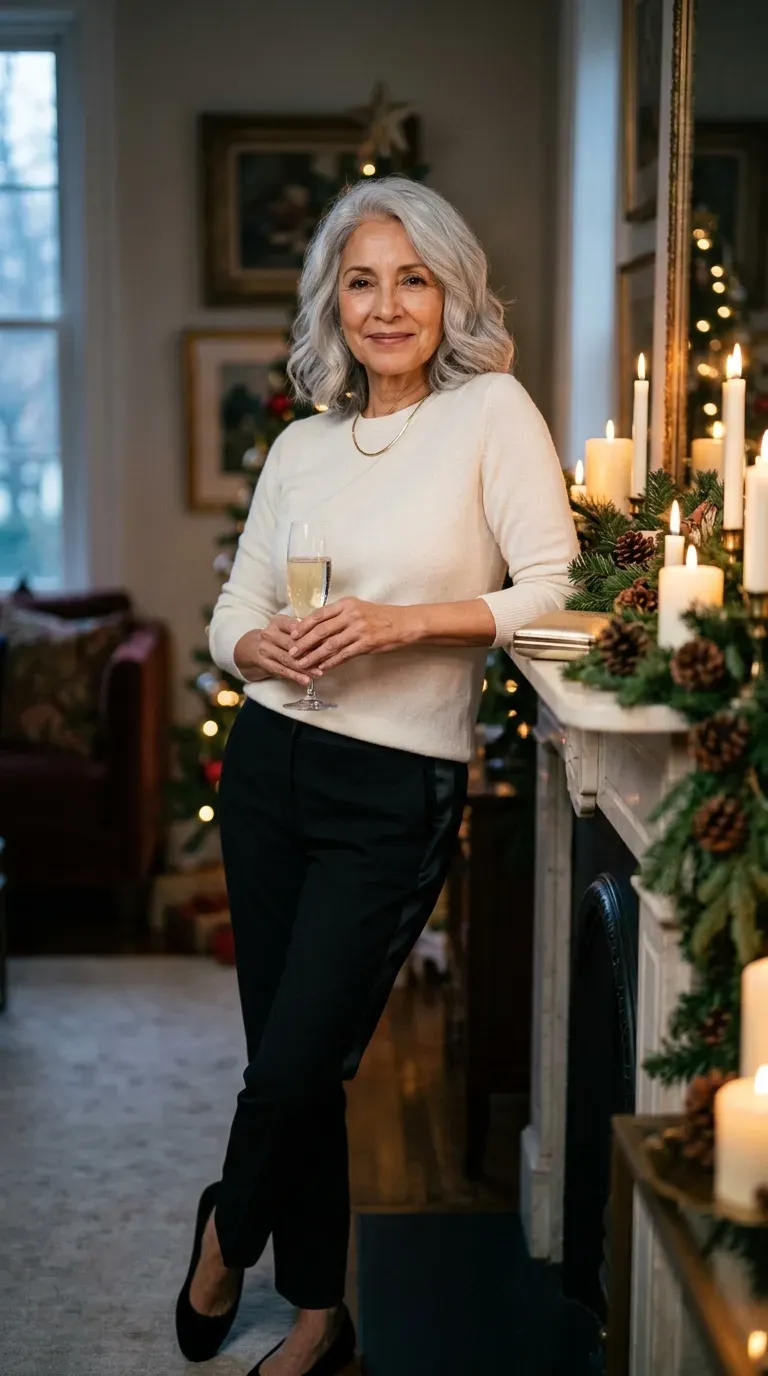 Woman over 50 in black satin-stripe trousers, ivory knit and velvet flats at a gathering