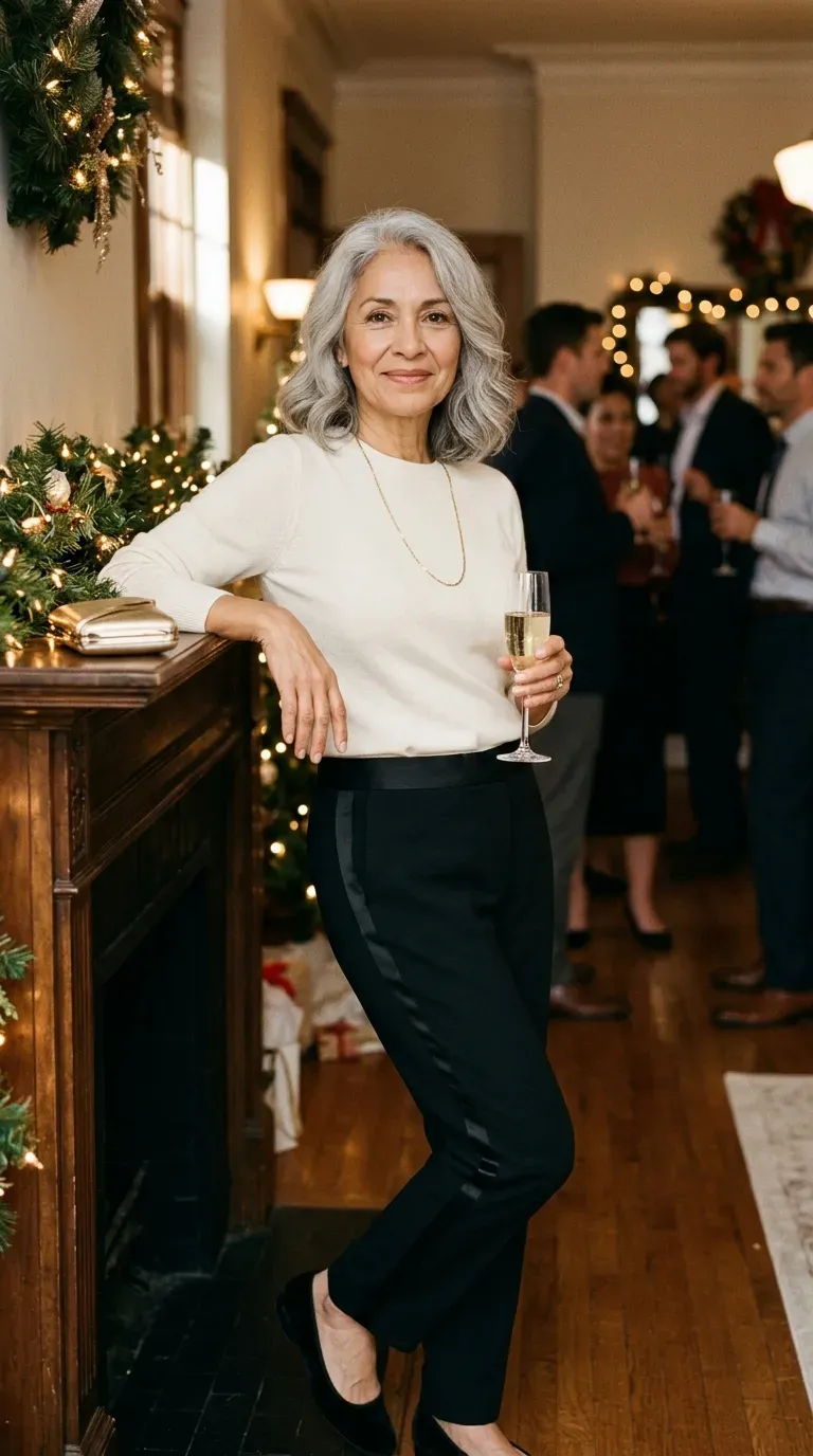 Woman over 50 in black satin-stripe trousers, ivory knit and velvet flats at an office party