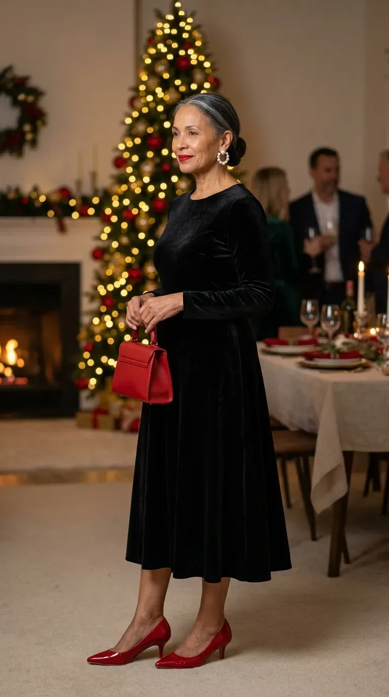 Woman over 50 in black velvet A-line midi dress and red kitten heels at a Christmas dinner party
