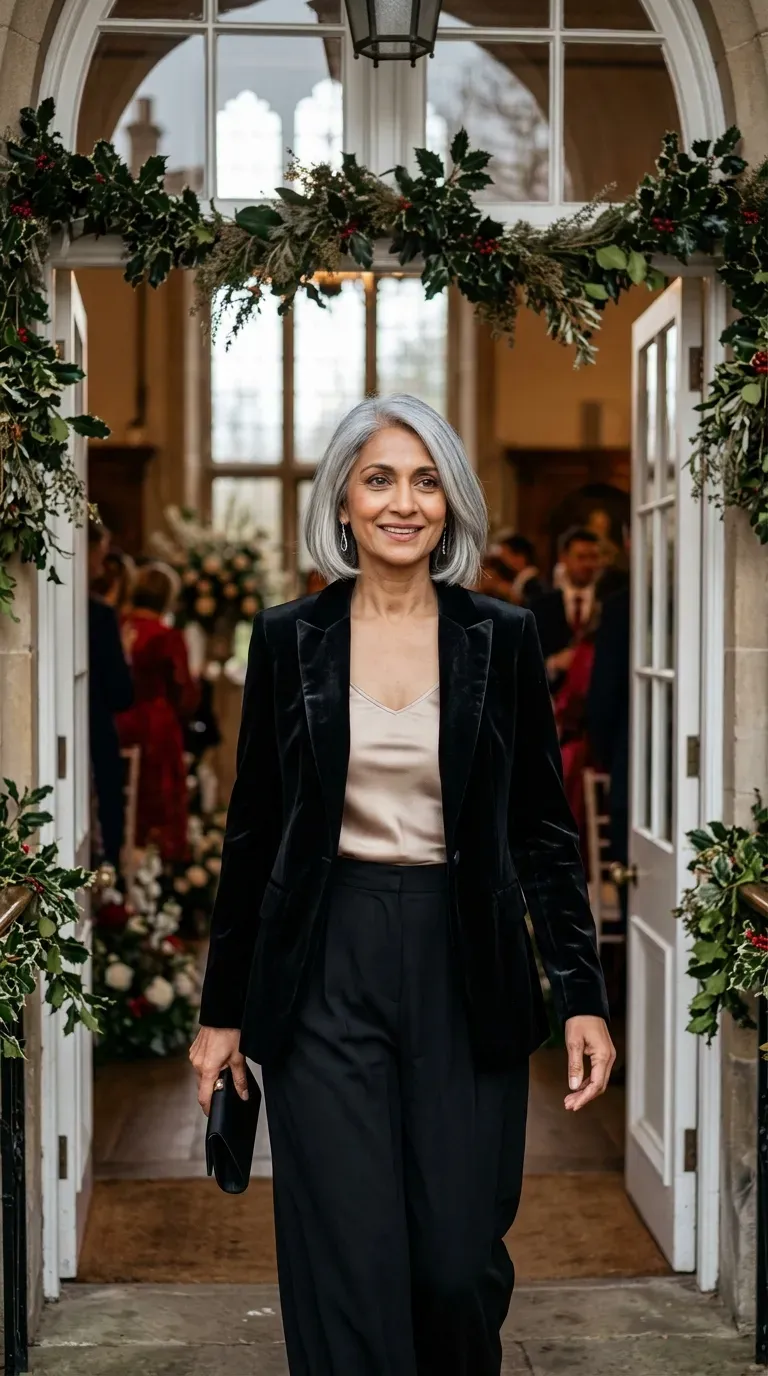 Woman over 50 in black velvet blazer, champagne cami and wide-leg trousers at a wedding