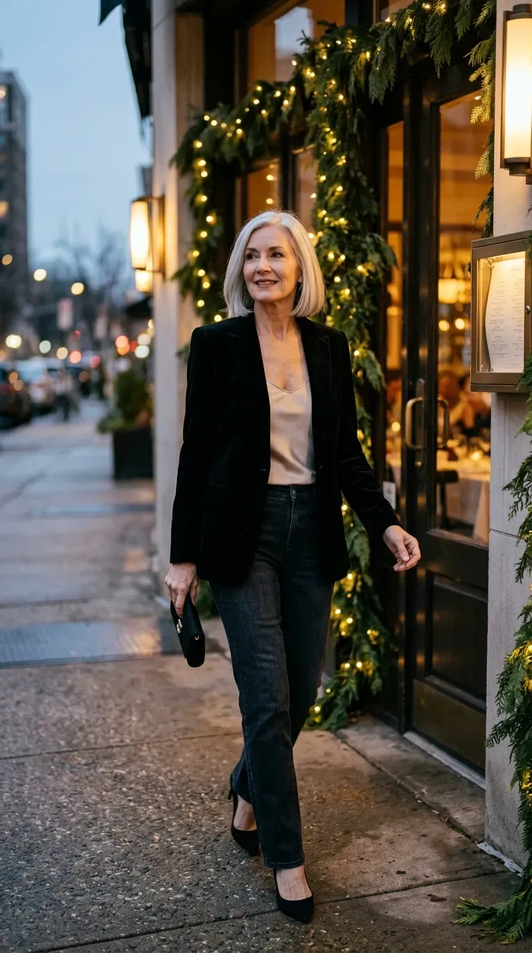 Woman over 50 in black velvet blazer, champagne cami and straight jeans on a Christmas date night