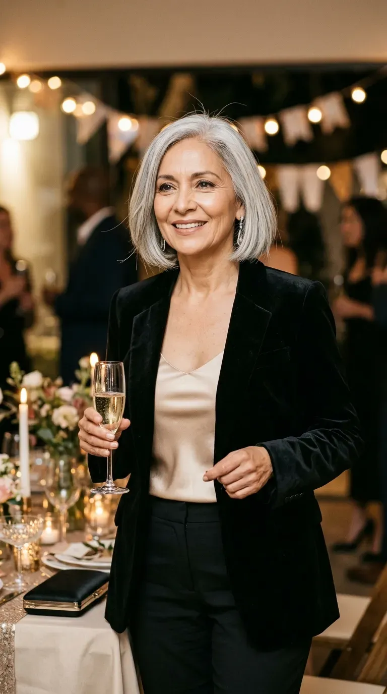 Woman over 50 in black velvet blazer, champagne cami and black trousers at a party