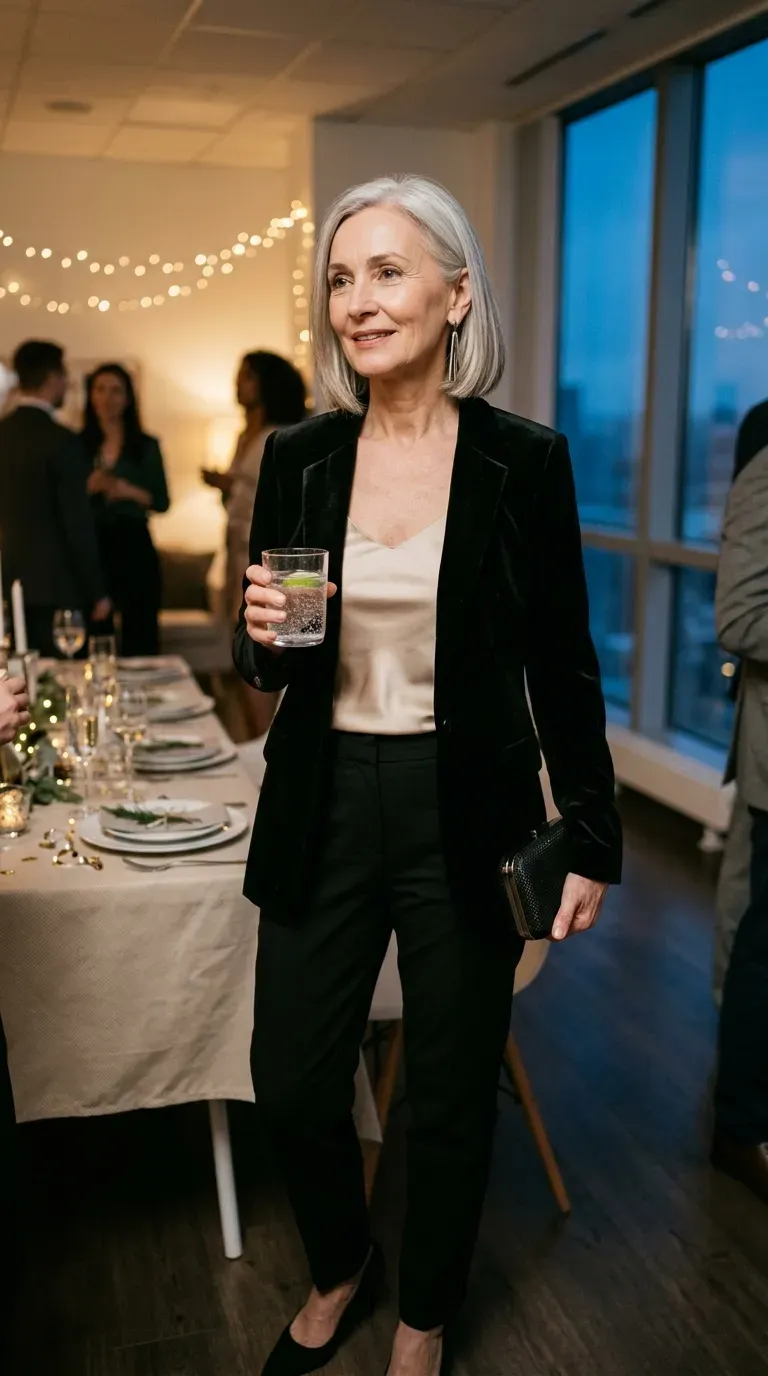 Woman over 50 in black velvet blazer, champagne cami and tailored trousers at an office party