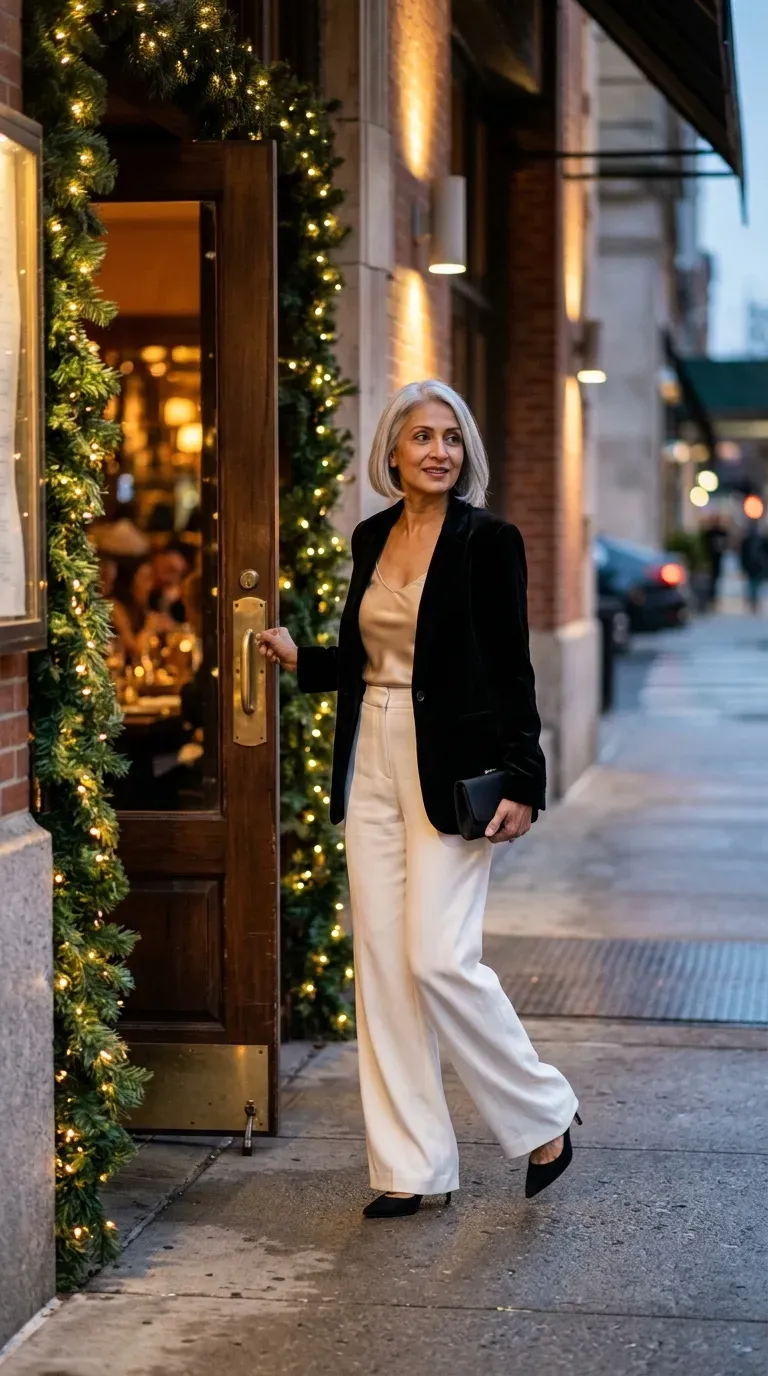 Woman over 50 in black velvet blazer, champagne cami and wide-leg trousers on a date night