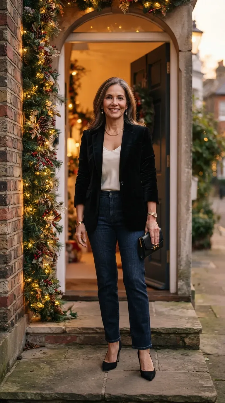 Woman over 50 wearing a black velvet blazer, ivory silk camisole and dark jeans at a holiday party entrance