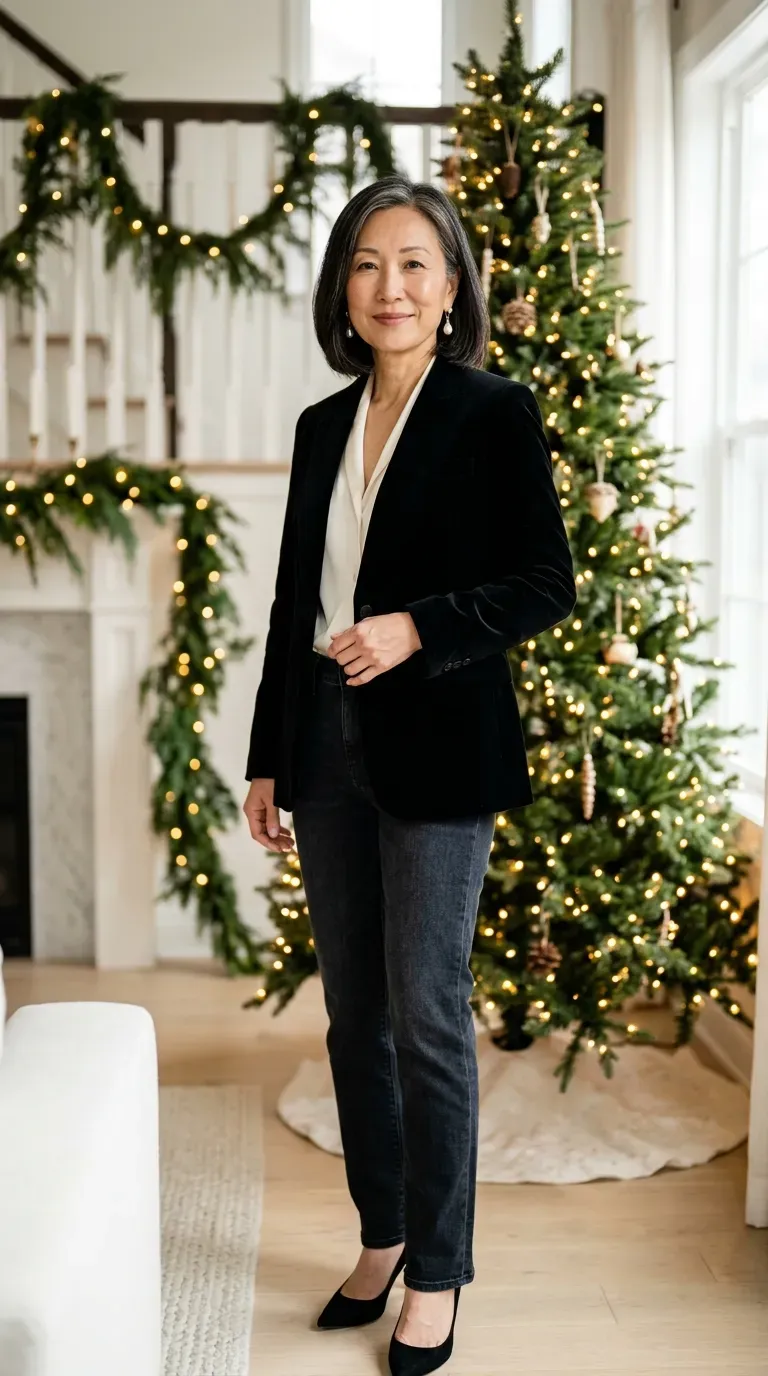 Woman over 50 in black velvet blazer, ivory blouse and dark jeans for a Christmas card