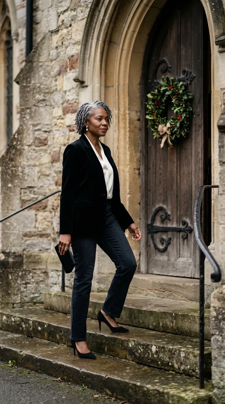 Woman over 50 in black velvet blazer, ivory blouse and dark jeans at a church service