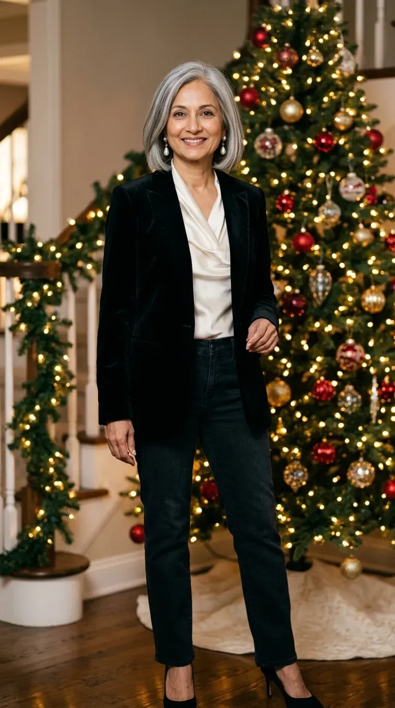 Woman over 50 in black velvet blazer, ivory blouse and dark jeans for a Christmas family photo