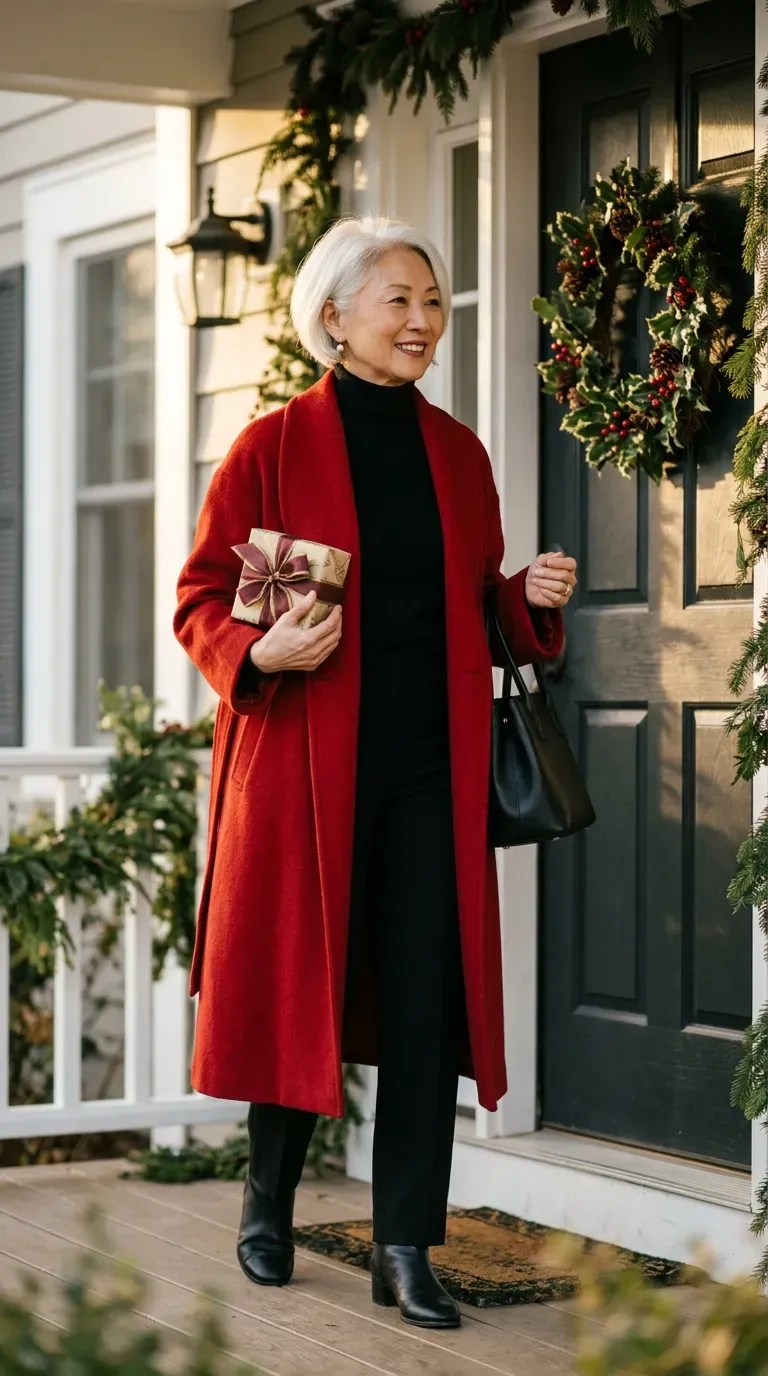 Woman over 50 in black velvet blazer, ivory blouse and dark jeans at a Christmas family gathering