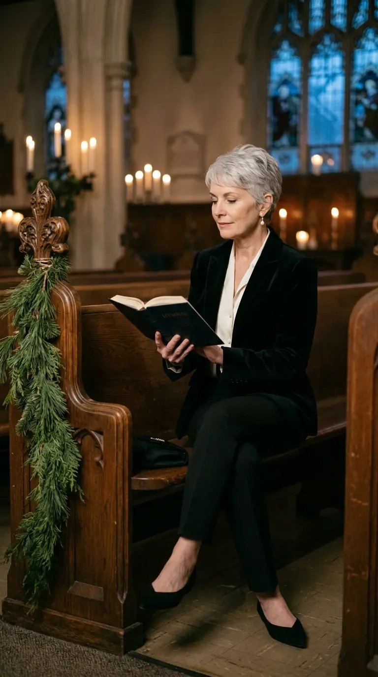 Woman in black velvet blazer and ivory blouse in a candlelit church pew