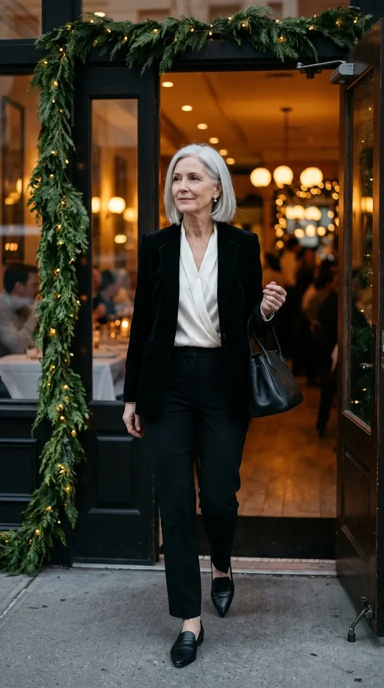 Woman over 50 in black velvet blazer, ivory blouse and tailored trousers at a restaurant