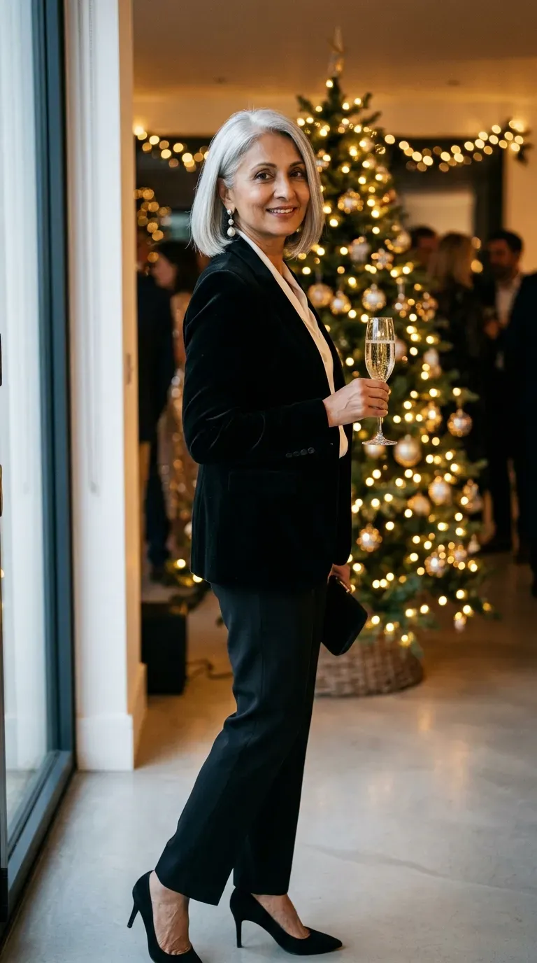 Woman over 50 in black velvet blazer, ivory silk blouse and black trousers at dinner