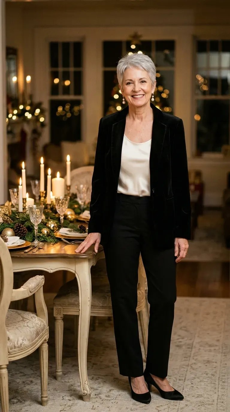 Woman over 50 in black velvet blazer, ivory silk blouse and black trousers at a candlelit dinner
