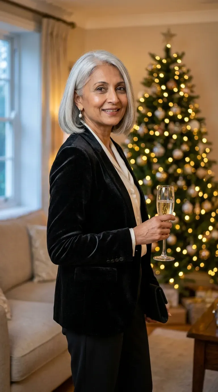 Woman over 50 in black velvet blazer and ivory blouse at Christmas Eve party