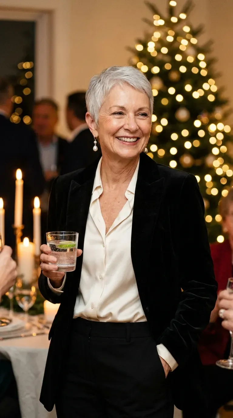 Woman over 50 in black velvet blazer, ivory silk blouse and black trousers at a holiday party