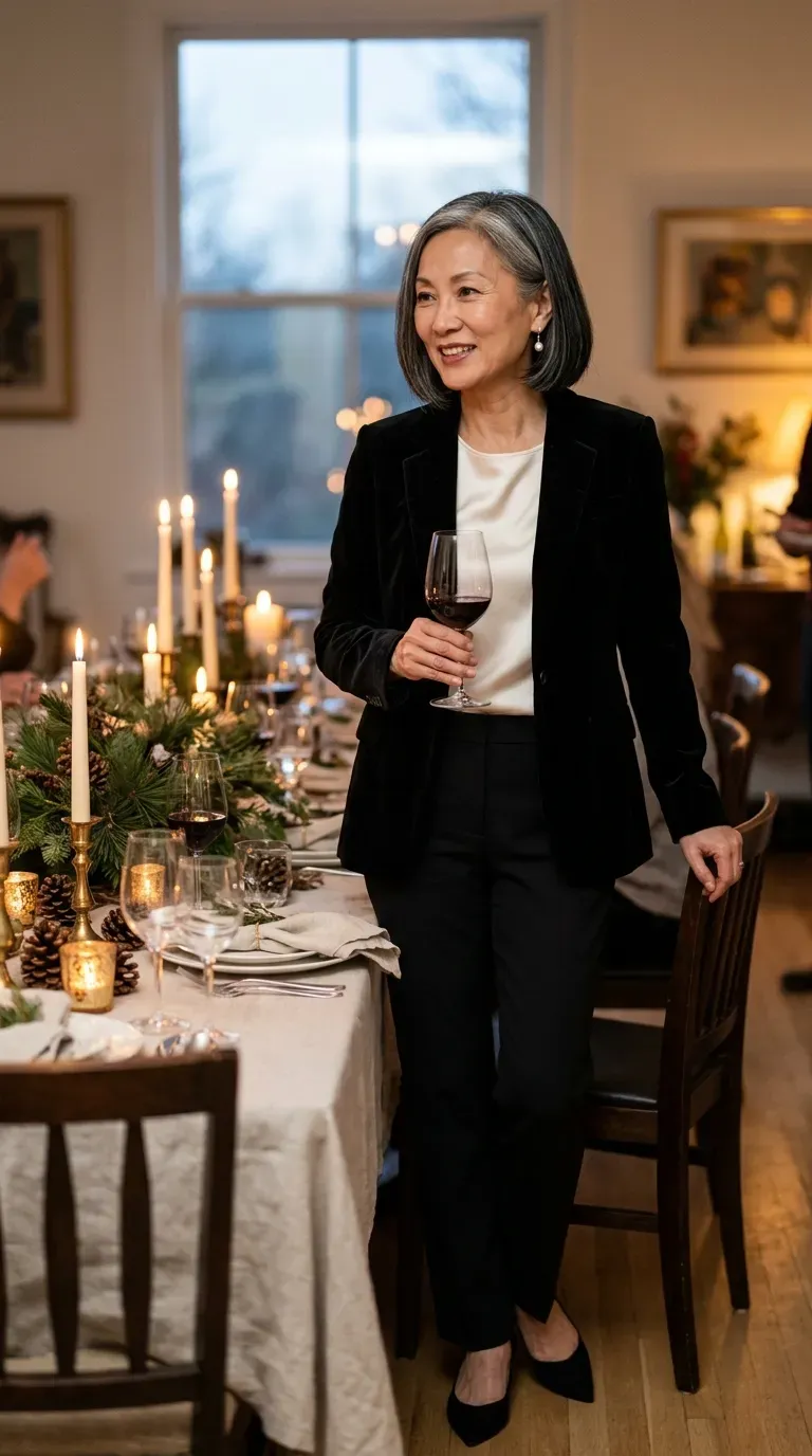 Asian woman in a black velvet blazer and ivory silk blouse at a candlelit dinner table