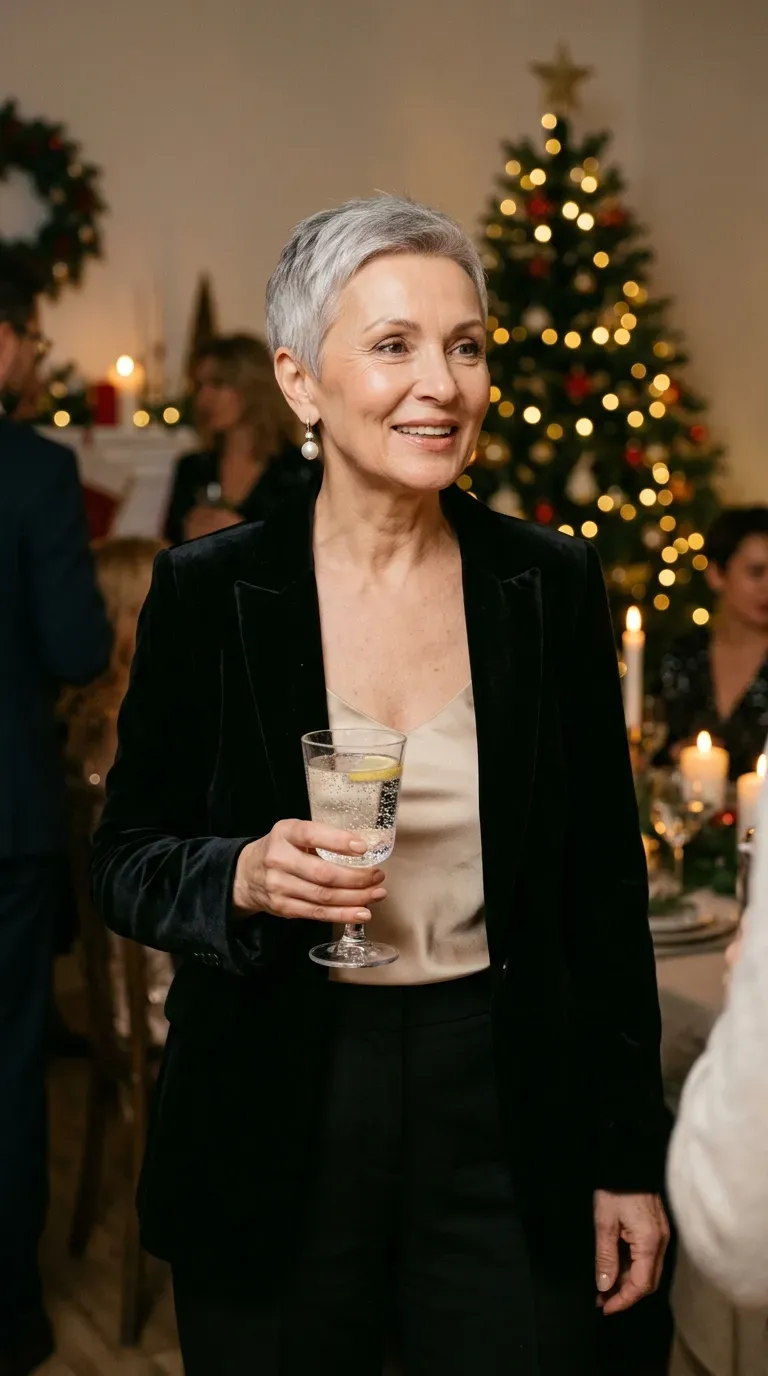 Woman over 50 in black velvet blazer, champagne satin camisole and trousers at a holiday party