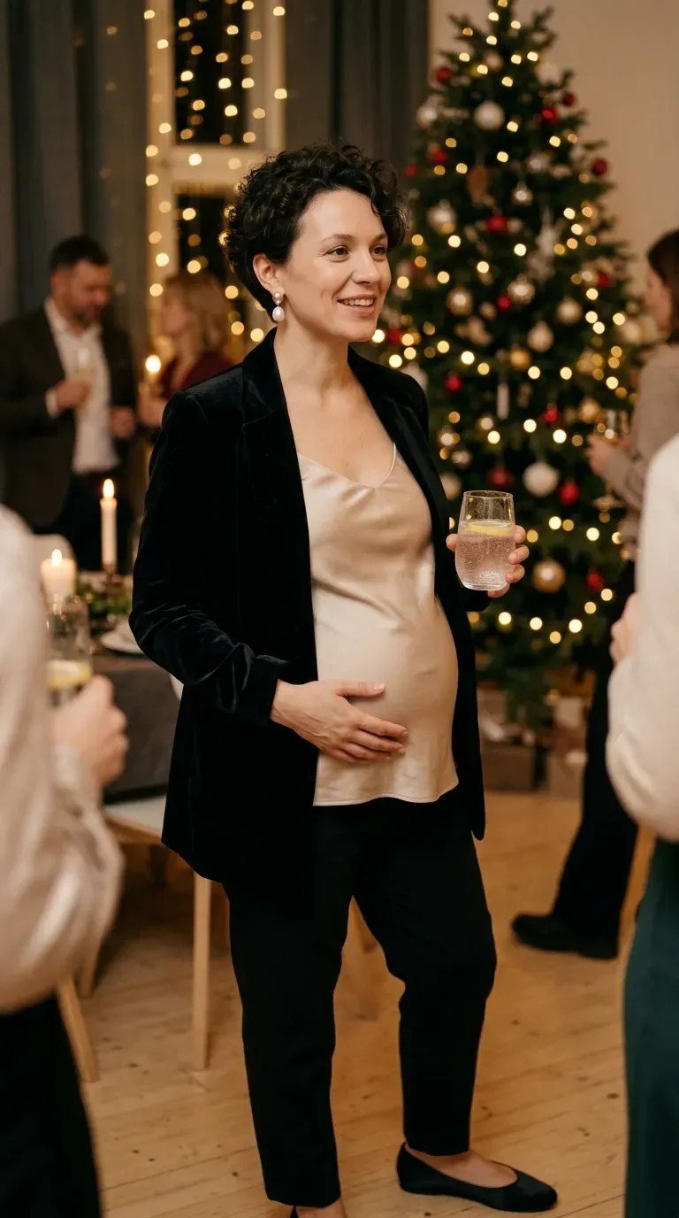 Pregnant woman in black velvet blazer, champagne satin camisole and trousers at a holiday party