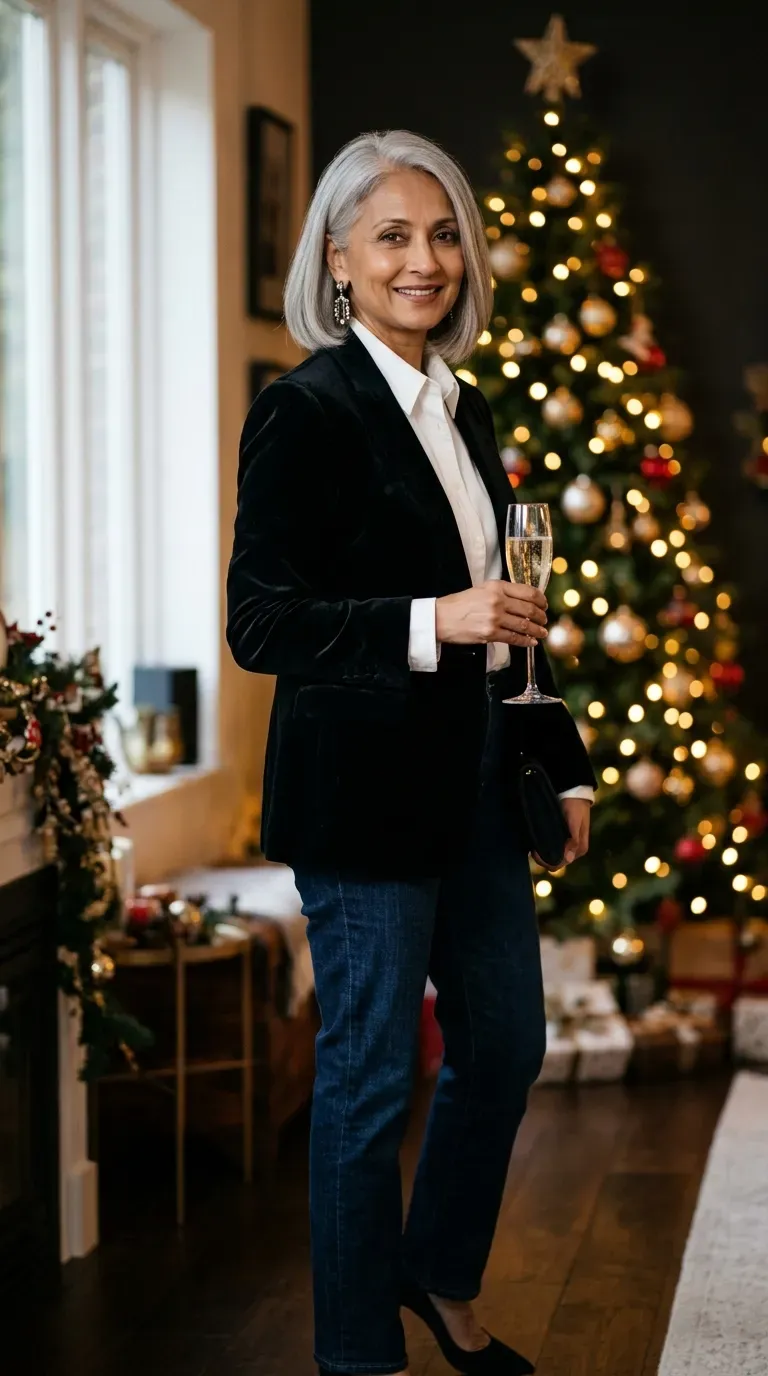Woman over 50 in black velvet blazer, white shirt and dark jeans at an office party