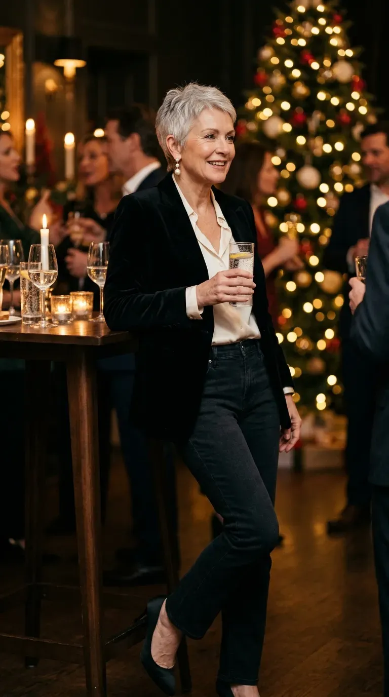 Woman over 50 in black velvet blazer, white silk blouse and dark jeans at a party