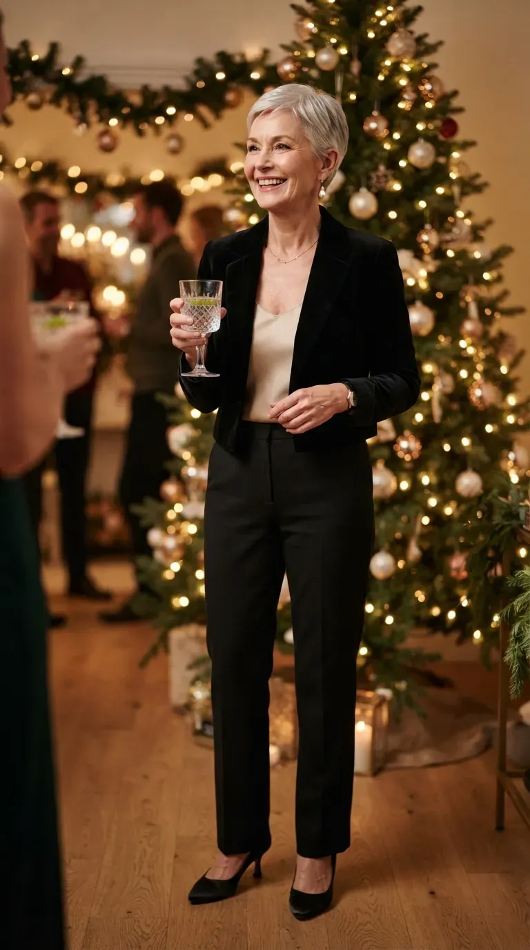 Petite woman over 50 in black velvet cropped blazer and satin camisole at a holiday party