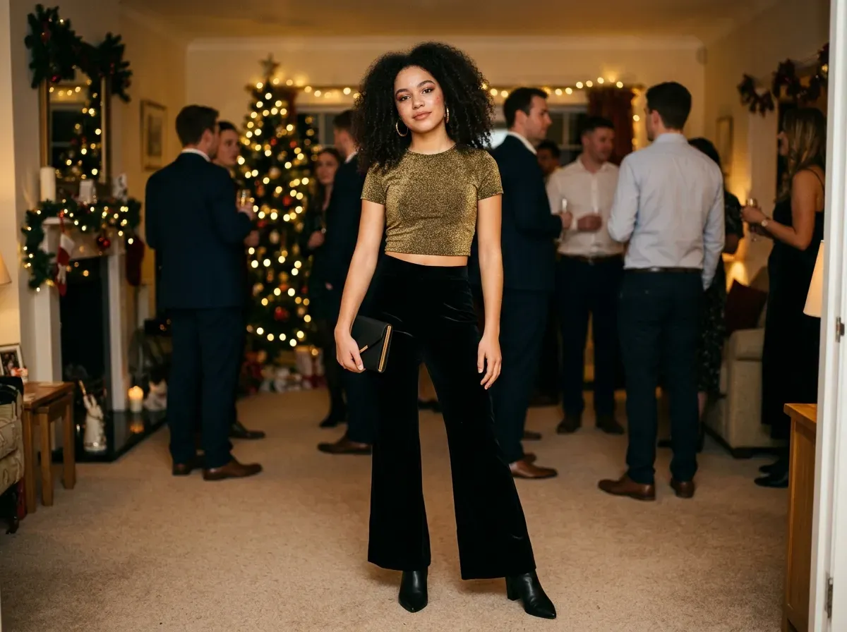 Teenage girl in black velvet flare trousers and gold glitter top for Christmas