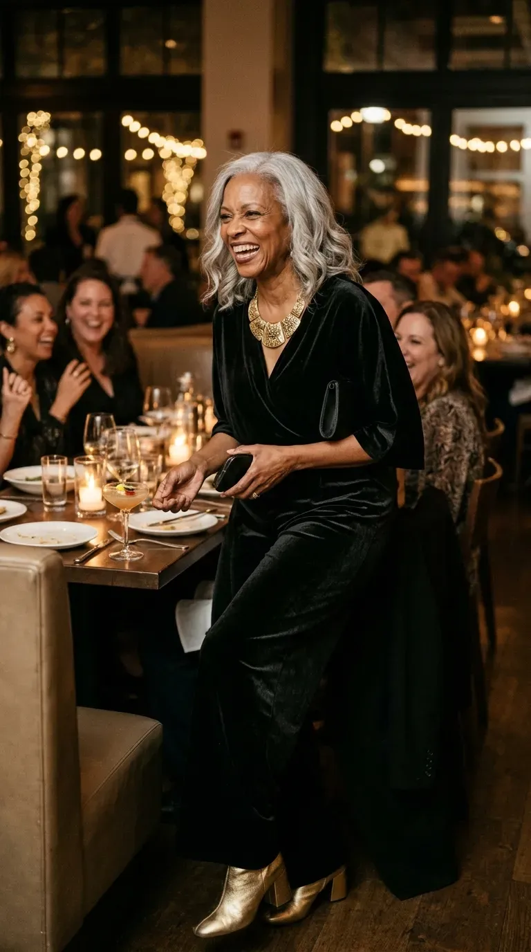 Woman over 50 in black velvet jumpsuit and gold necklace on a girls night out