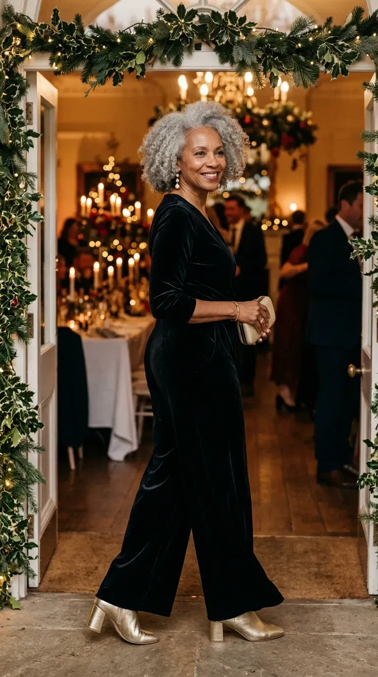 Woman over 50 in black velvet wide-leg jumpsuit and pearl drop earrings at a winter wedding