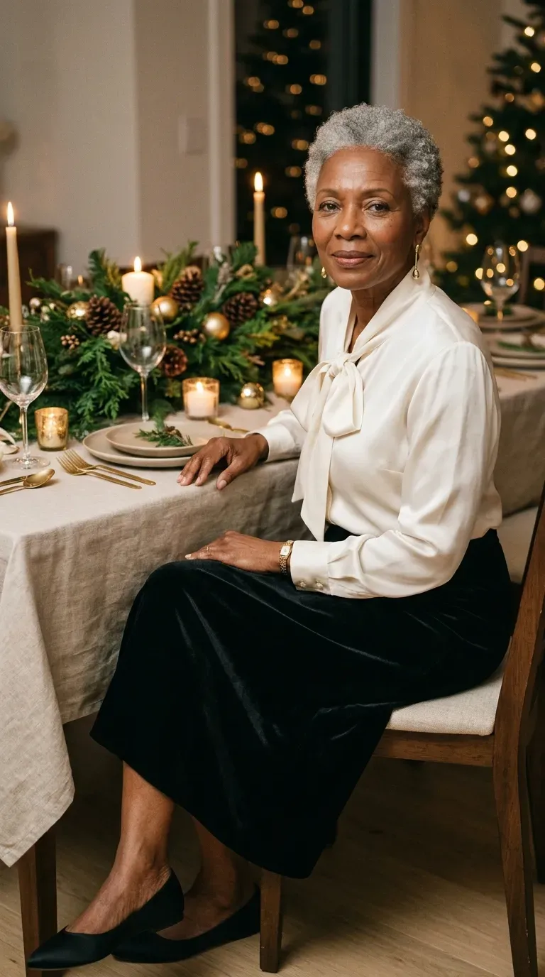 Woman over 50 in black velvet midi skirt and ivory silk blouse at a candlelit table