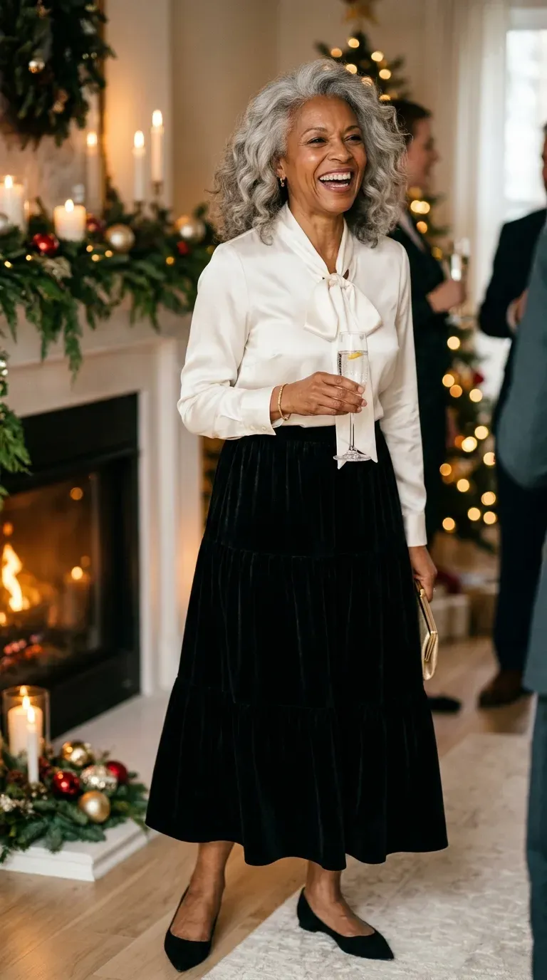 Woman over 50 in black velvet tiered skirt and ivory bow blouse at a holiday party