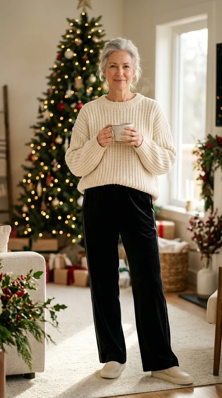 Woman over 50 in black velvet track trousers and cream knit at home on Christmas morning