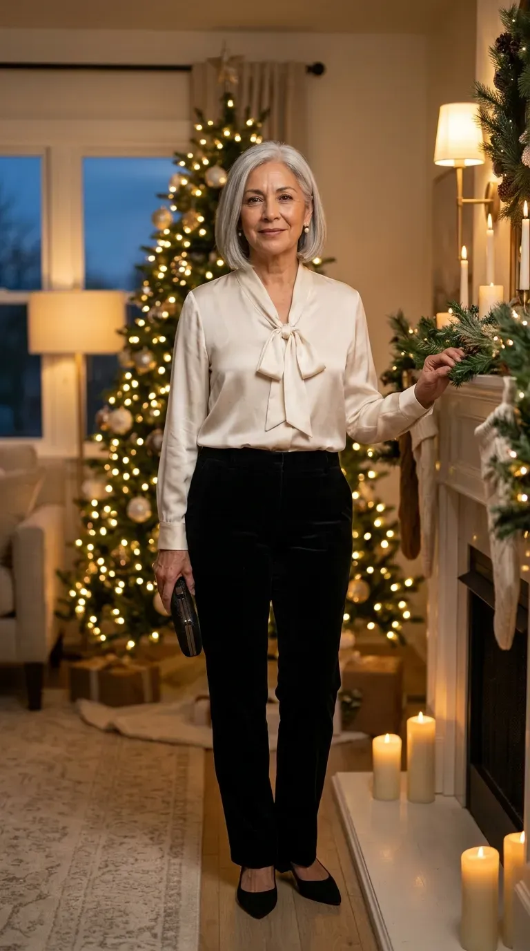 Woman in black velvet trousers and cream satin blouse beside a lit Christmas tree