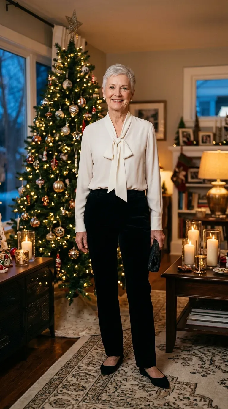 Woman in black velvet trousers and an ivory blouse beside a decorated Christmas tree