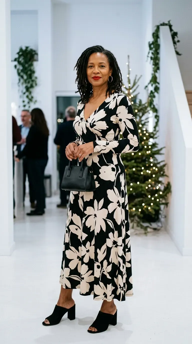 Woman over 50 in black and white floral maxi dress and black suede mules at a modern Christmas gathering