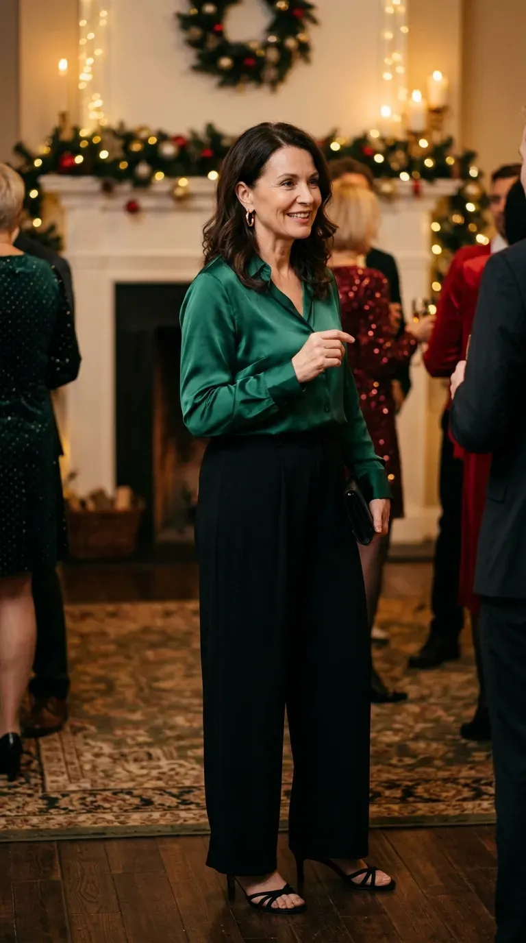 Woman over 50 in emerald satin blouse and black wide-leg trousers at a holiday party