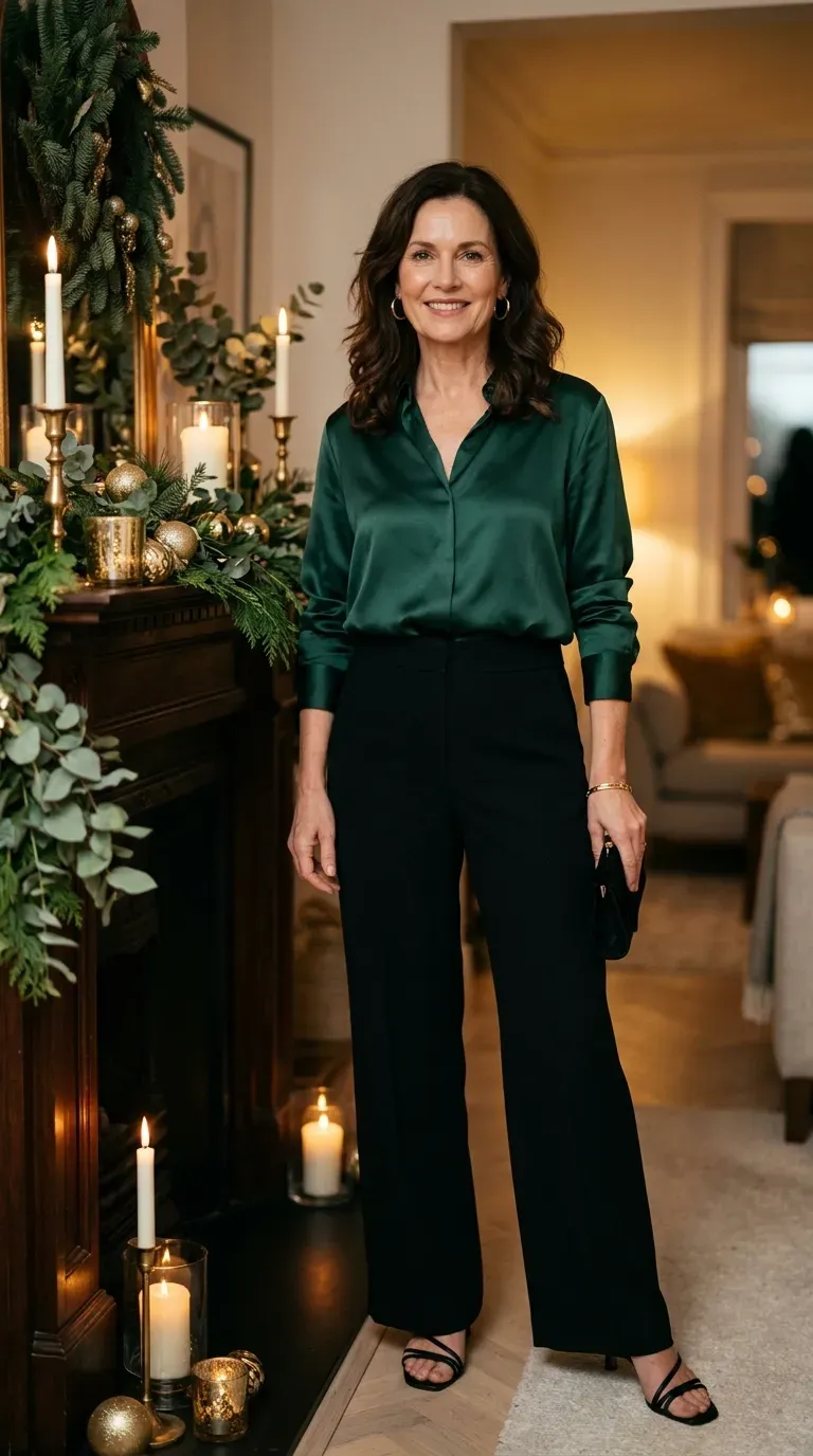 Woman over 50 in emerald satin blouse and black wide-leg trousers beside a decorated mantel