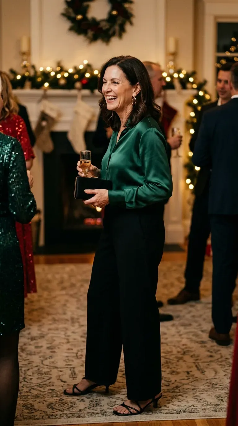 Woman over 50 in emerald satin blouse and black wide-leg trousers at a holiday party