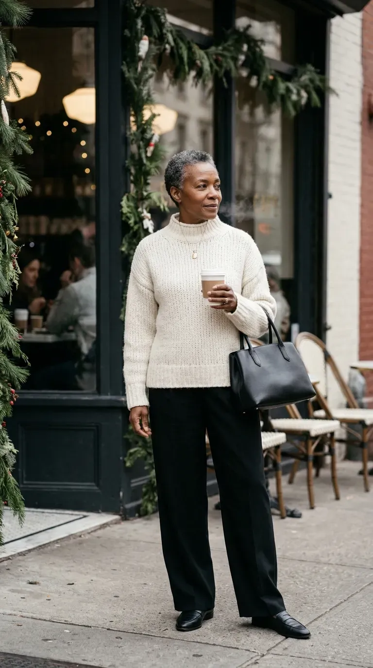 Woman over 50 in black wide-leg trousers and ivory chunky sweater outside a cafe