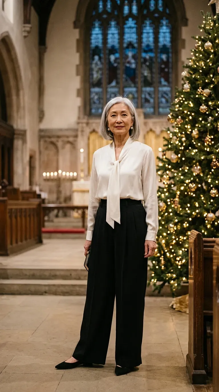 Asian woman in black wide-leg trousers and ivory silk blouse beside a lit church Christmas tree