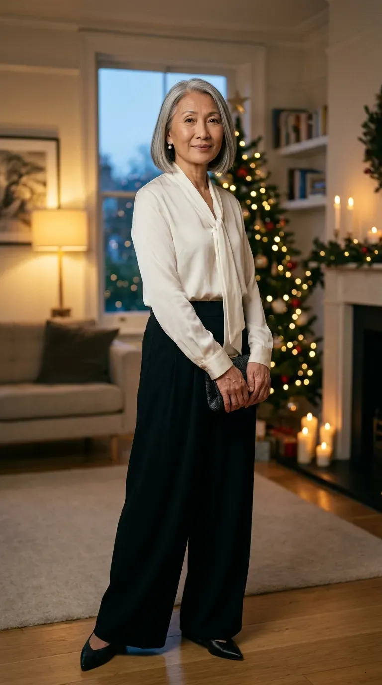 Asian woman in black wide-leg trousers and an ivory silk blouse at an evening holiday party