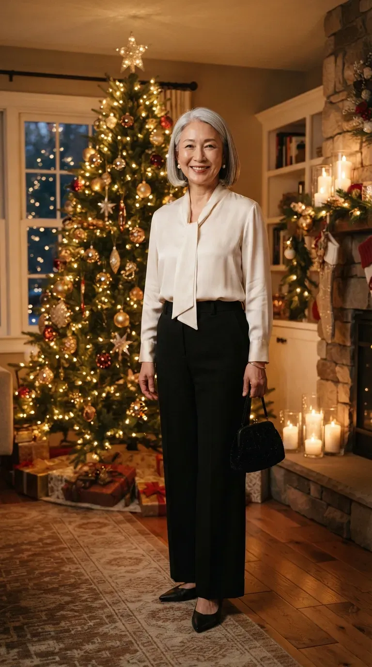 Asian plus-size woman in black wide-leg trousers and an ivory silk blouse near a lit tree