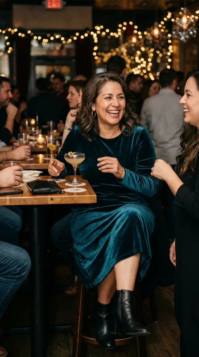 Woman over 50 in black wide-leg velvet trousers, ivory silk blouse and gold loafers at a party