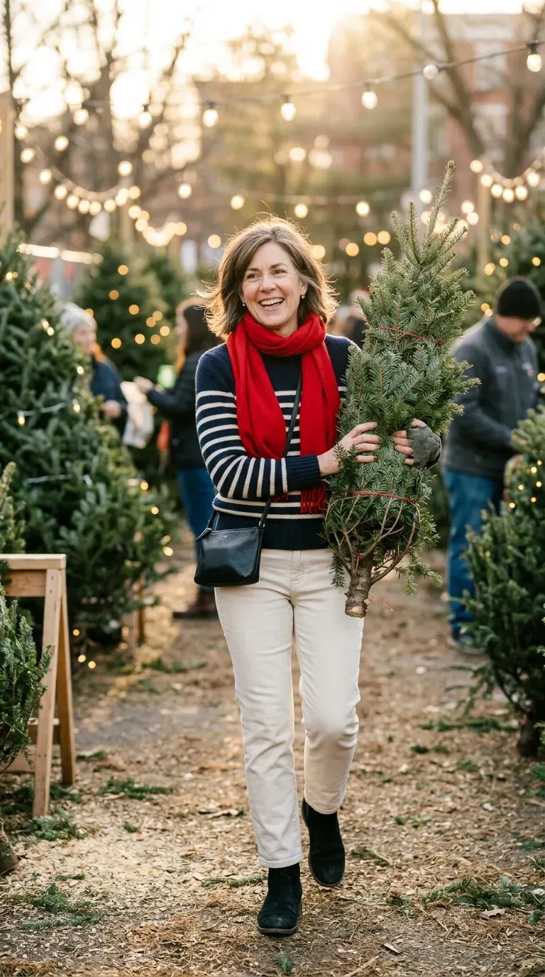 Woman over 50 in black wool coat, red knit and dark jeans at a Christmas tree farm