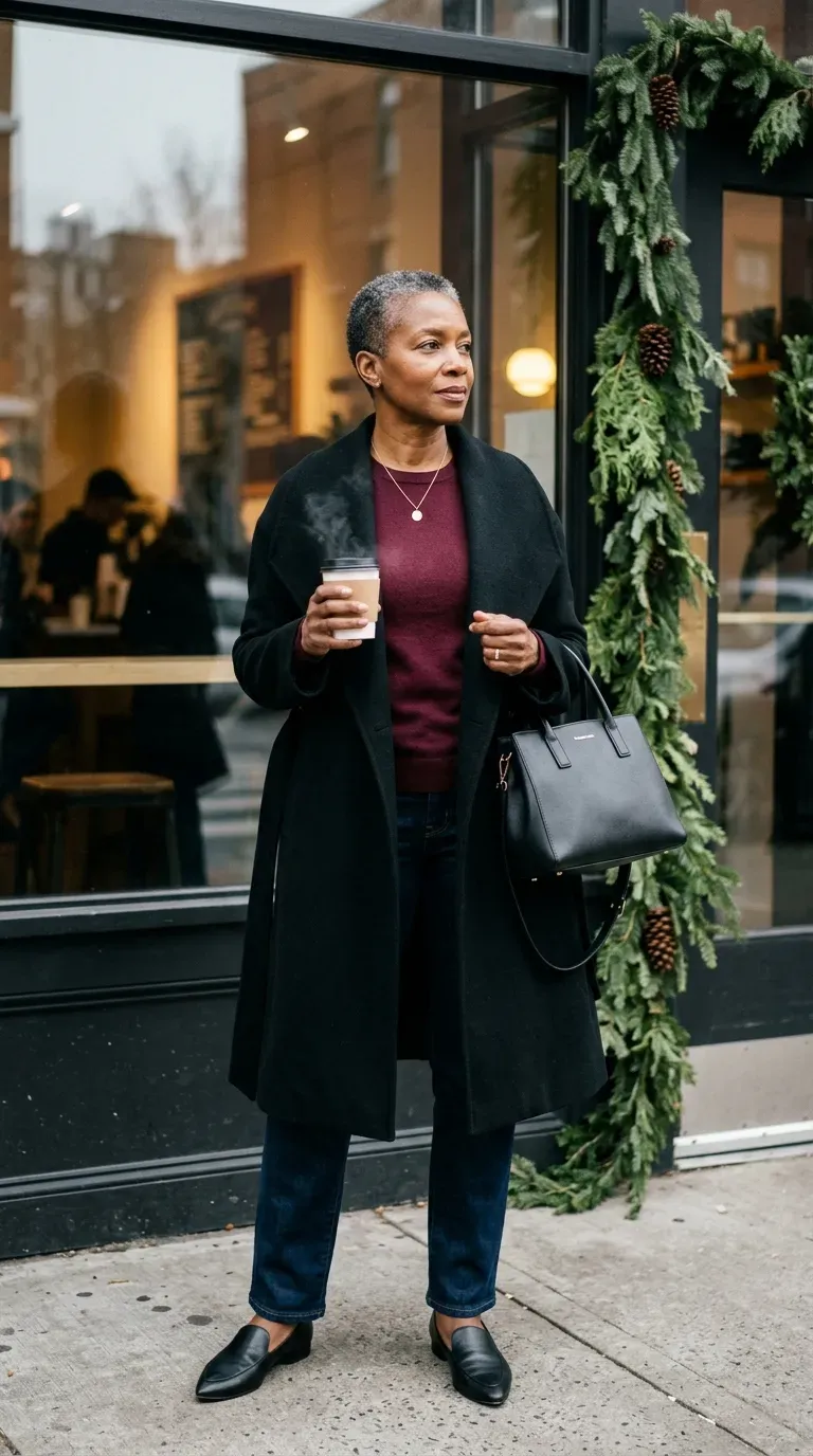 Woman over 50 in black wrap coat, burgundy sweater and straight jeans outside a cafe