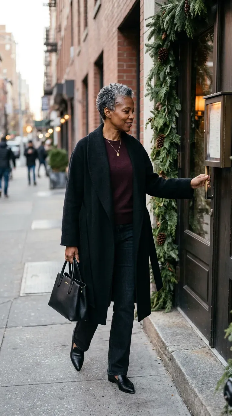 Woman over 50 in black wrap coat, burgundy sweater and straight jeans outside a restaurant
